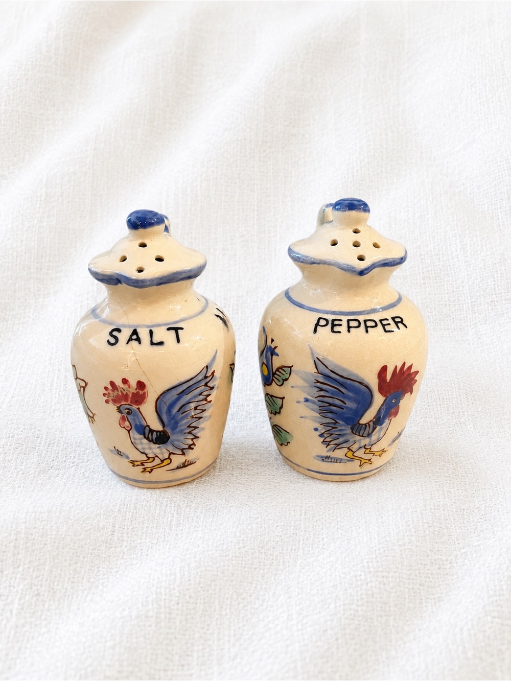 Hand-Painted Rooster Salt & Pepper Shakers - Blue and Cream